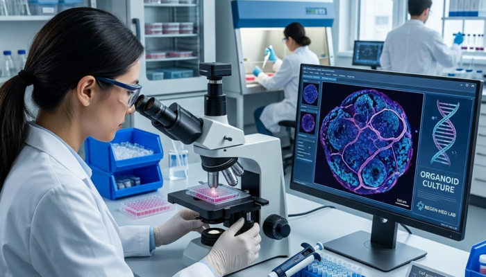 Scientist viewing organoid culture sample through microscope with digital display