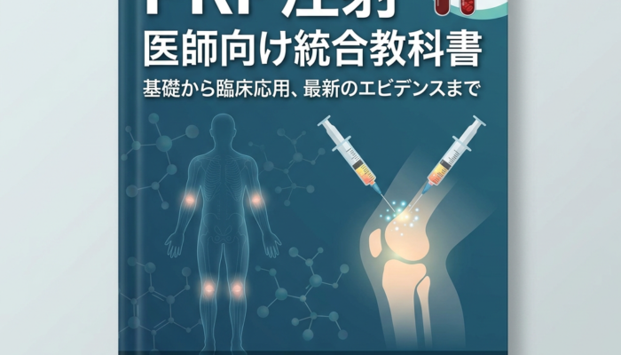 Book cover titled PRP injection medical guide with knee joint illustration and syringe graphics